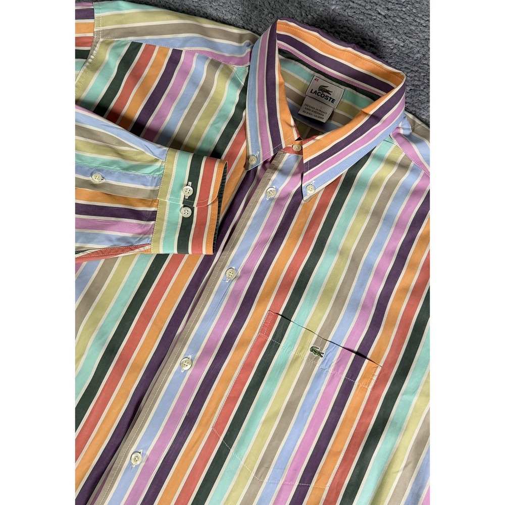 VTG Lacoste Mens Size 45 XXL Multicolor Vertical Stripe Button Down Shirt Cotton
